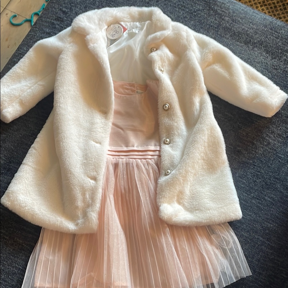 2 piece Nannette pale pink Formal Dress & cream fur jacket